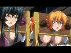 Caught and chained hentai babes gets brutally gangbanged