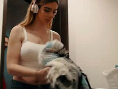Stepdad barebacks his shemale stepdaughter while on laundry
