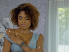 Curly-haired ebony Luna Corazon trembling on her orgasms