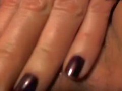 Upclose painted nails rubs hairy pussy and clit