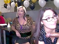 Sexy clothed sluts give blowjobs at party