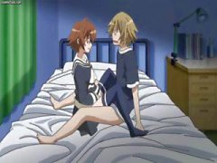 Hentai girl with huge tits licks and rubs a hard cock in bed