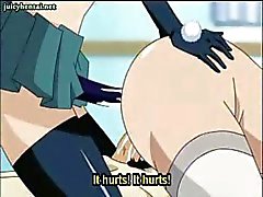 Amarrado anime girl fica strapon fodido na bunda dela e um DP