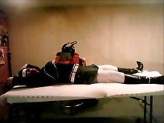 Brunette Steph ties herself up in self bondage for the webcam